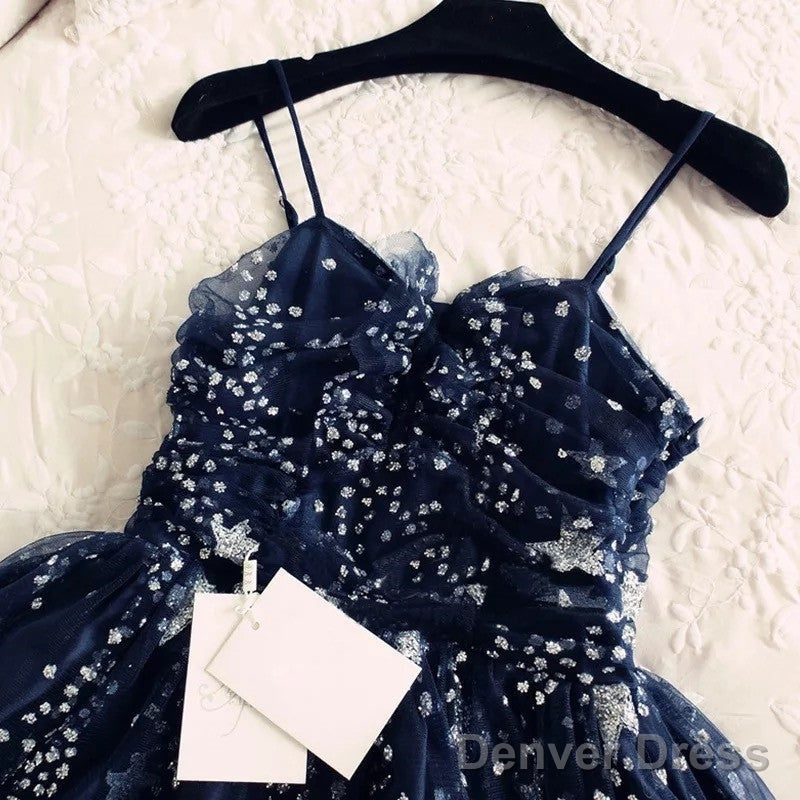 Glitter Stars Sequins Beaded Short Navy Blue Homecoming Prom Dresses
