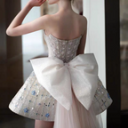 Glitter Strapless Tulle Beaded Mini Birthday Dress Pink Homecoming Dresses With Bow