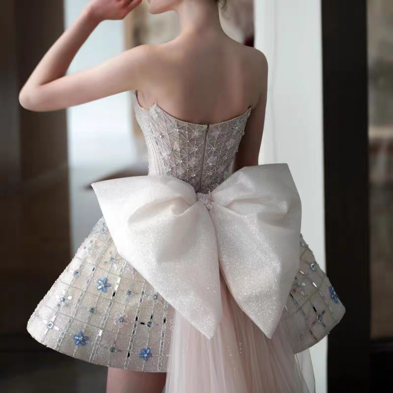 Glitter Strapless Tulle Beaded Mini Birthday Dress Pink Homecoming Dresses With Bow