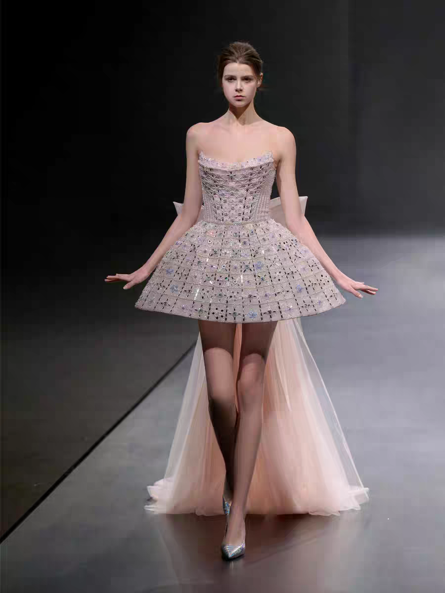 Glitter Strapless Tulle Beaded Mini Birthday Dress Pink Homecoming Dresses With Bow