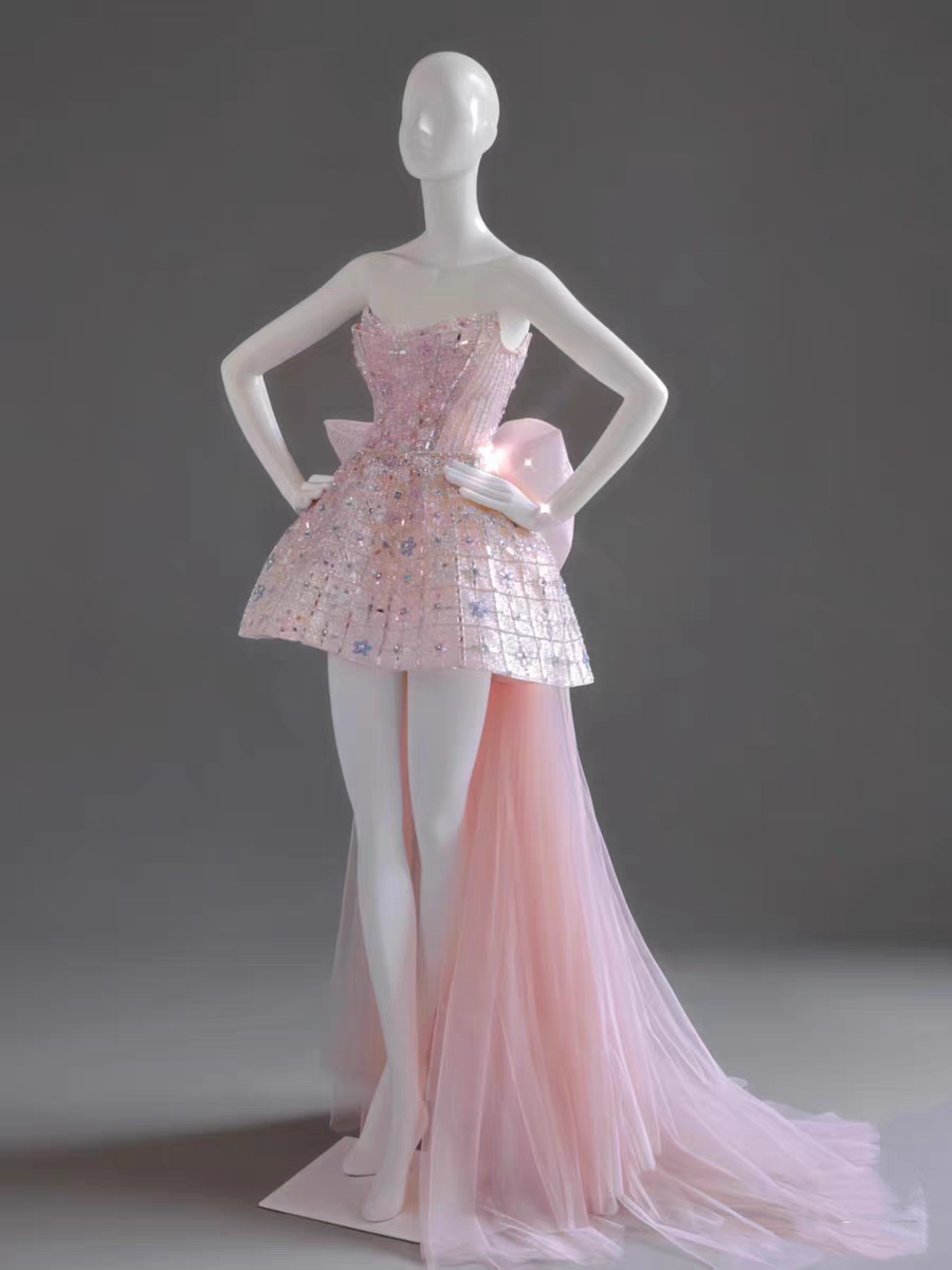 Glitter Strapless Tulle Beaded Mini Birthday Dress Pink Homecoming Dresses With Bow