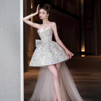 Glitter Strapless Tulle Beaded Mini Birthday Dress Pink Homecoming Dresses With Bow