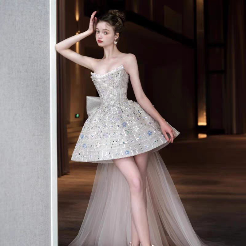 Glitter Strapless Tulle Beaded Mini Birthday Dress Pink Homecoming Dresses With Bow