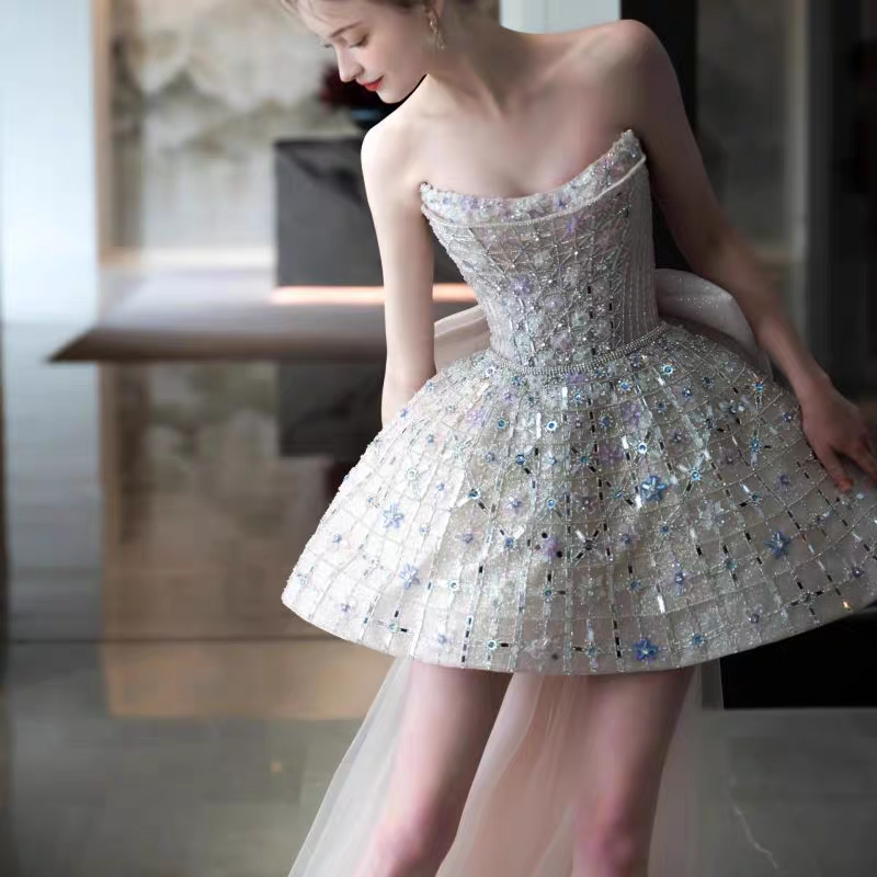 Glitter Strapless Tulle Beaded Mini Birthday Dress Pink Homecoming Dresses With Bow