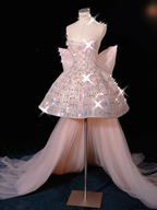 Glitter Strapless Tulle Beaded Mini Birthday Dress Pink Homecoming Dresses With Bow