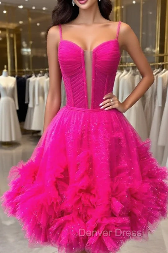 Glitter Straps Hot Pink Ruffle A-Line Homecoming Dresses Main image