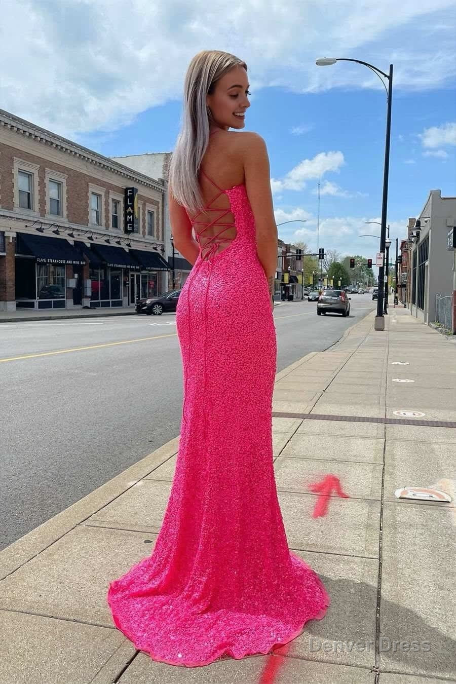Glitter Straps Hot Pink Sequins Prom Gown with Slit Secondary image