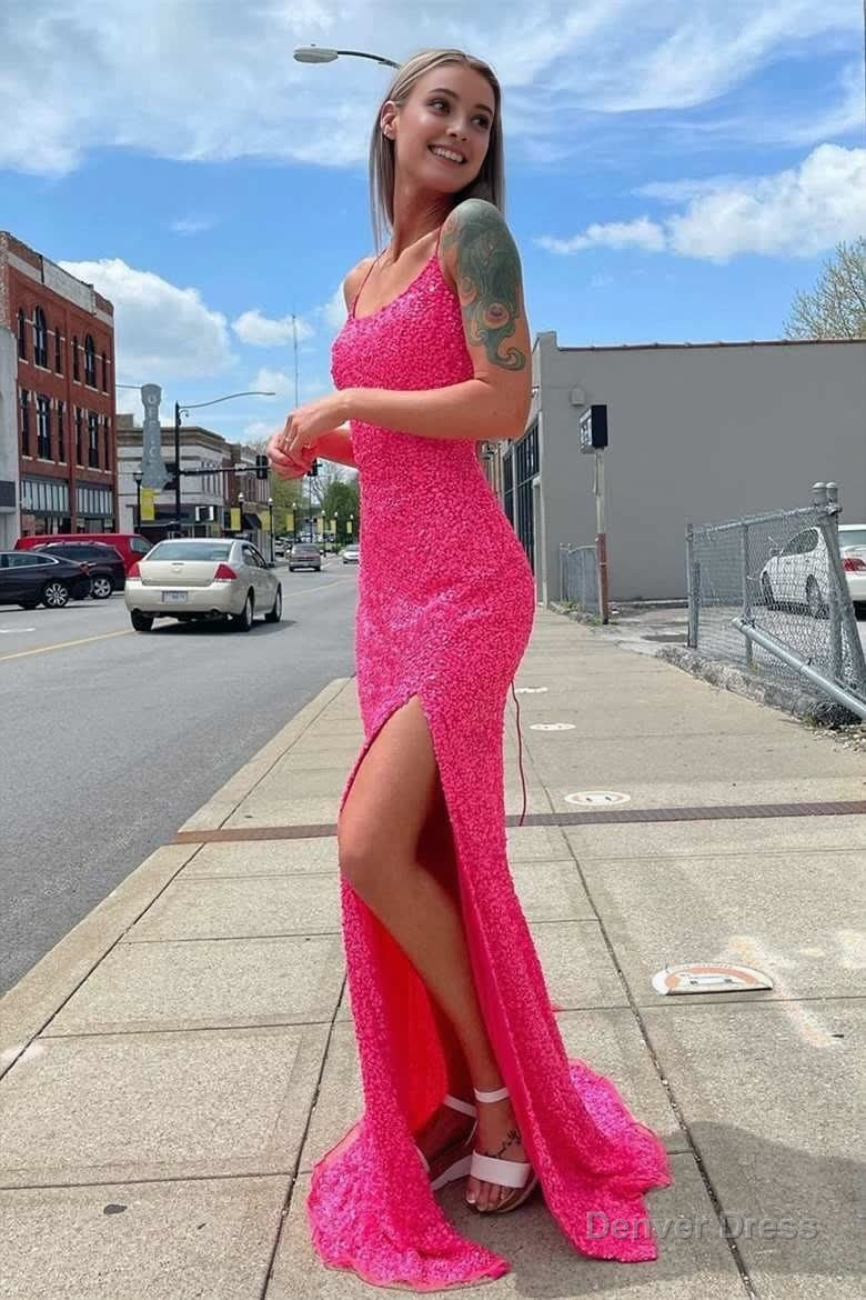 Glitter Straps Hot Pink Sequins Prom Gowns with Slit Main image