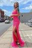 Glitter Straps Hot Pink Sequins Prom Gowns with Slit