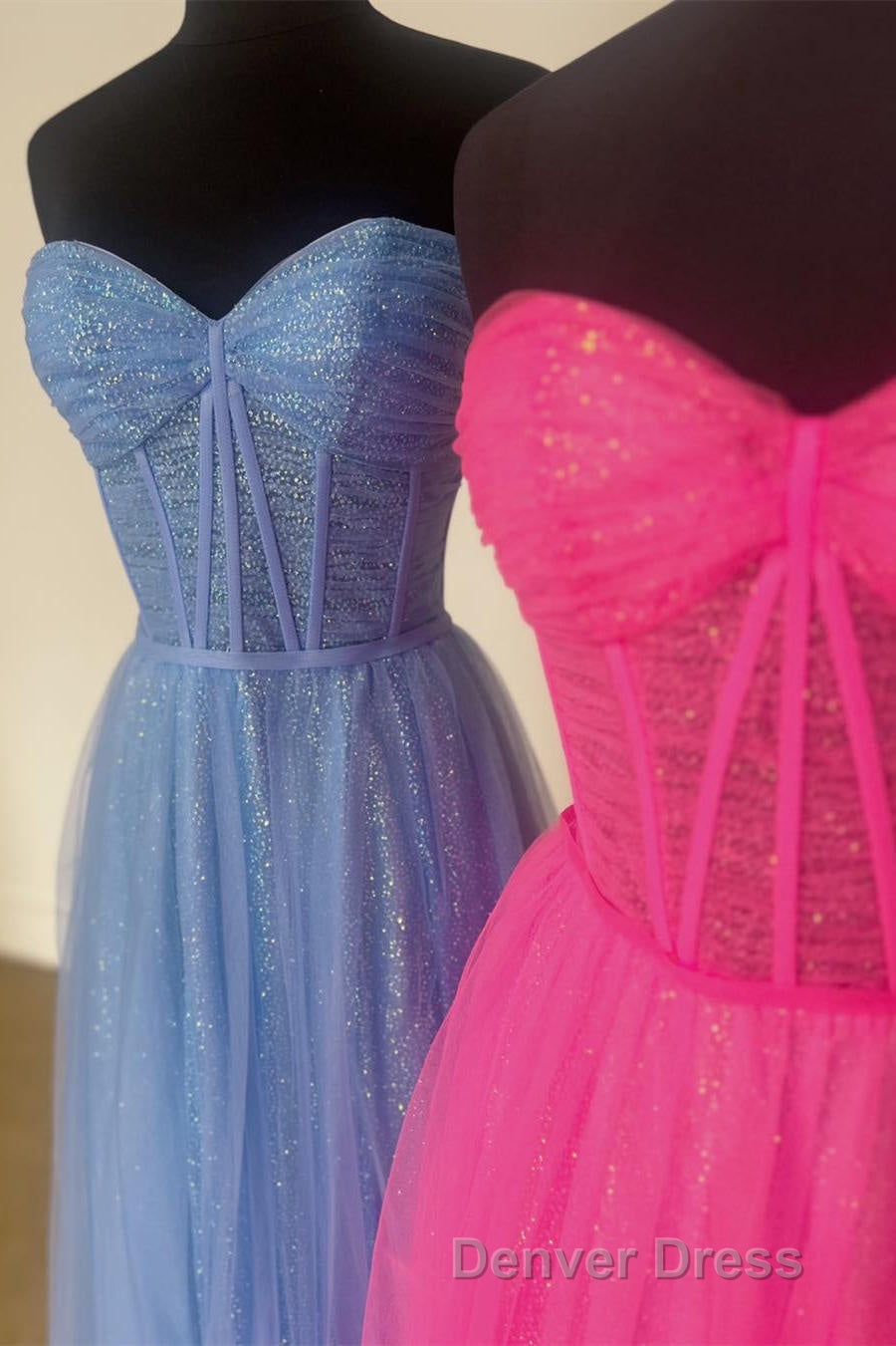Glitter Sweetheart Sheer Corset A-Line Long Prom Dresses