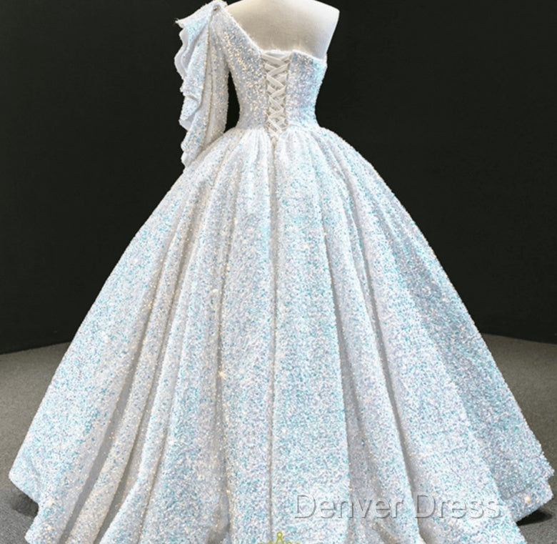 Glitter White Sequin Wedding Dress One Shoulder Ball Gowns Quinceanera Dresses