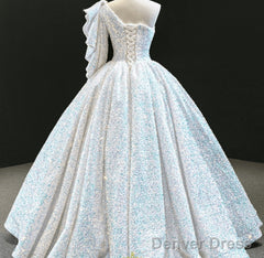 Glitter White Sequin Wedding Dresses One Shoulder Ball Gown Quinceanera Dress