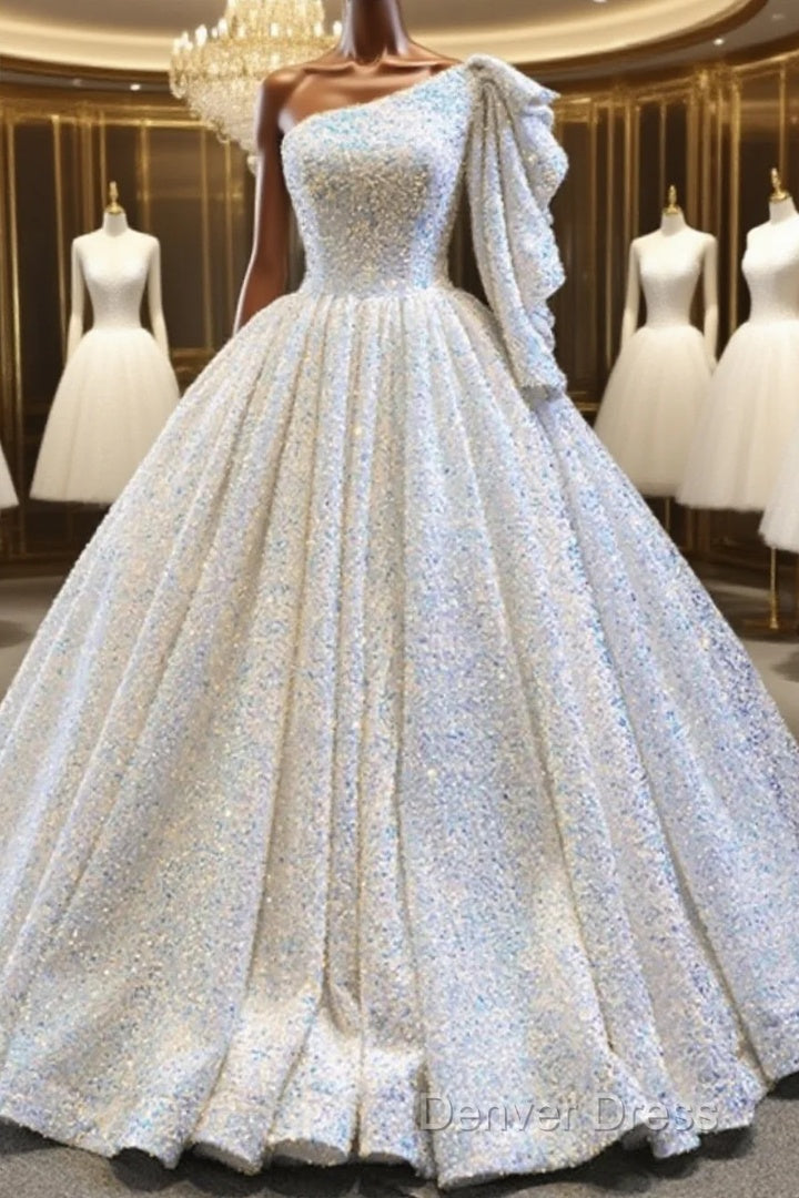 Glitter White Sequin Wedding Dresses One Shoulder Ball Gown Quinceanera Dresses