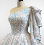 Glitter White Sequined One Shoulder Ball Gowns Quinceanera Dresses