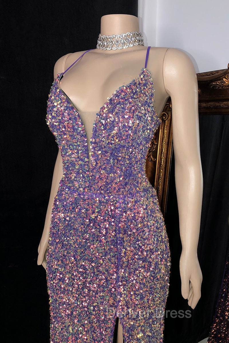 Glittering Spaghetti Straps Sequins Prom Dresses Mermaid Sleeveless With Slit Secondary image