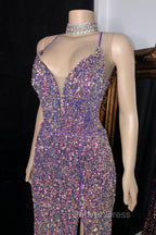 Glittering Spaghetti Straps Sequins Prom Dresses Mermaid Sleeveless With Slit
