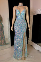 Glittering Spaghetti Straps Sequins Prom Dresses Mermaid Sleeveless With Slit