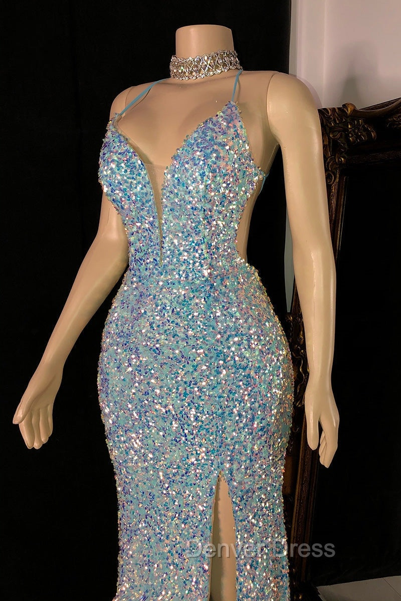 Glittering Spaghetti Straps Sequins Prom Dresses Mermaid Sleeveless With Slit