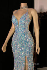 Glittering Spaghetti-Straps Sequins Prom Dresses Mermaid Sleeveless With Slit