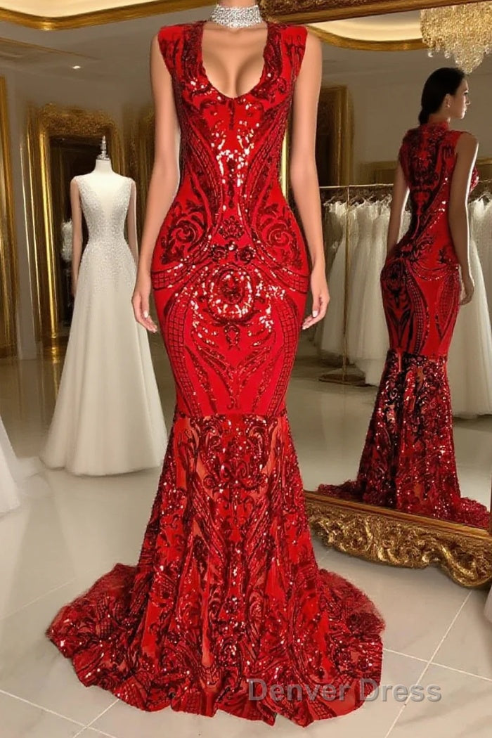 Glittery Long Red Mermaid Sleeveless Prom Dresses Sequin Main image