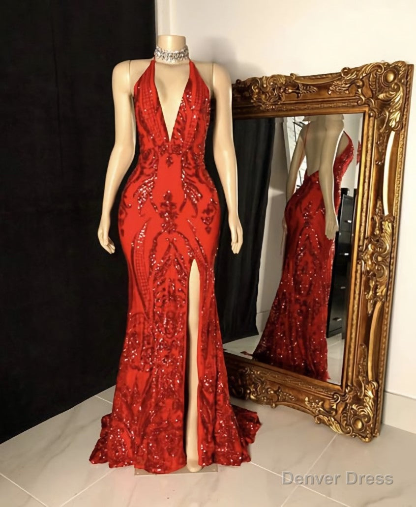 Glittery Mermaid Red Prom Gowns,Floor length Gala Prom Dresses