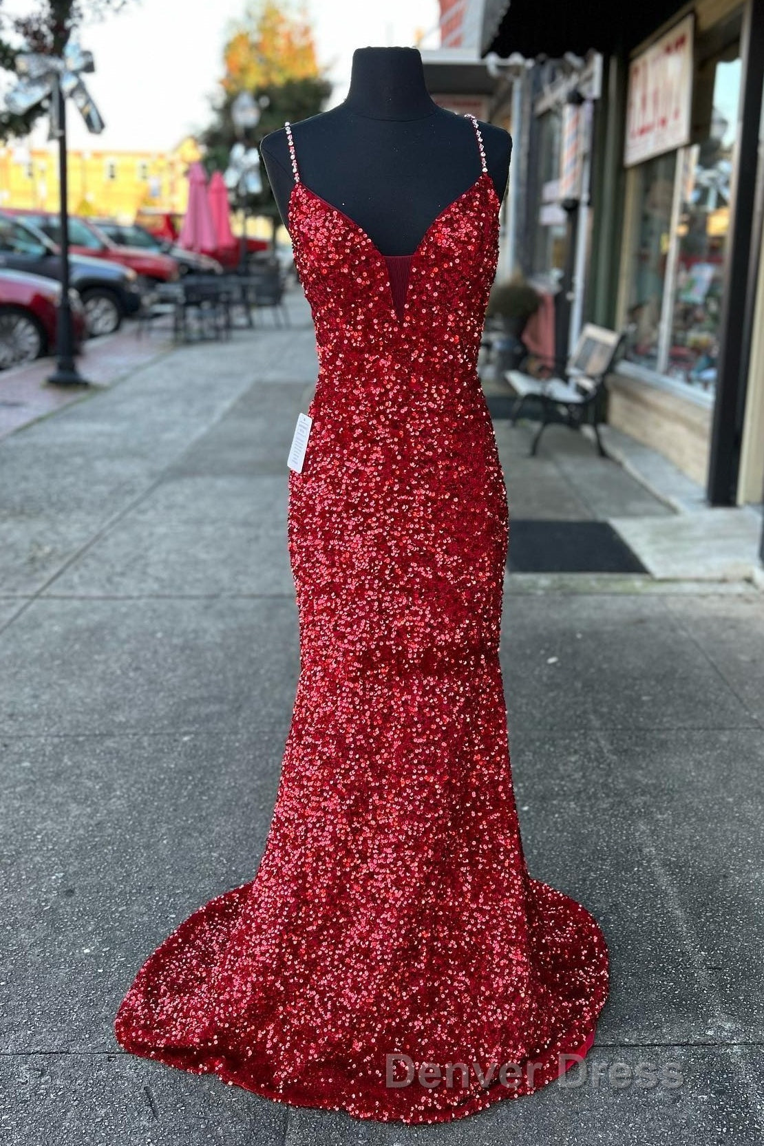 Glittery Mermaid Red Sequin V Neck Lace Up Back Prom Dresses Gala Gowns