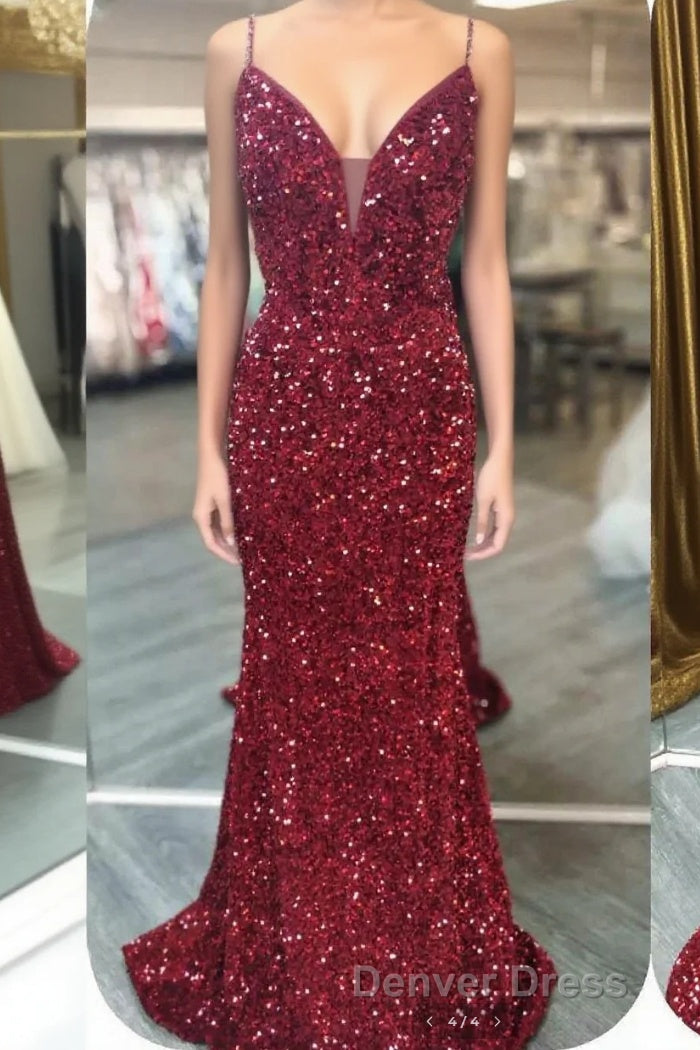 Glittery Mermaid Red Sequin V-Neck Lace-Up Back Prom Dresses Gala Gown Main image