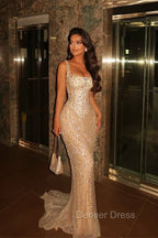 Glowing Champagne Square Mermaid Straps Prom Dresses Sequins Sleeveless With Beads
