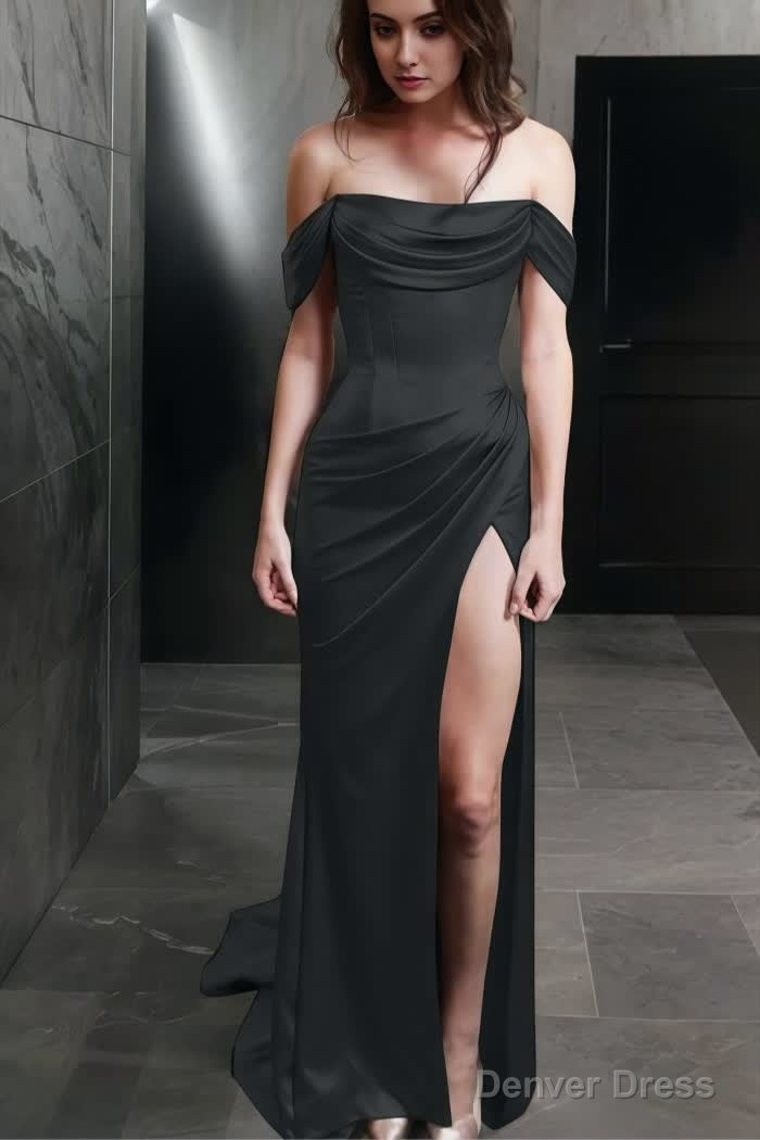 Sheath Off The Shoulder Sweep Train Silk like Satin Prom Dresses With Leg Slit Secondary image