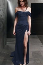 Sheath Off The Shoulder Sweep Train Silk like Satin Prom Dresses With Leg Slit