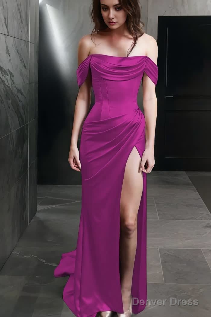 Sheath Off The Shoulder Sweep Train Silk like Satin Prom Dresses With Leg Slit