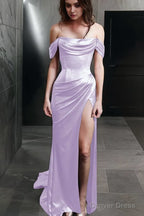 Sheath Off The Shoulder Sweep Train Silk like Satin Prom Dresses With Leg Slit