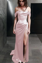 Sheath Off The Shoulder Sweep Train Silk like Satin Prom Dresses With Leg Slit