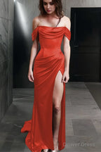 Sheath Off The Shoulder Sweep Train Silk like Satin Prom Dresses With Leg Slit