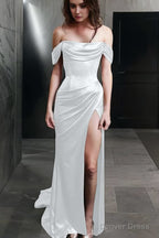 Sheath Off The Shoulder Sweep Train Silk like Satin Prom Dresses With Leg Slit