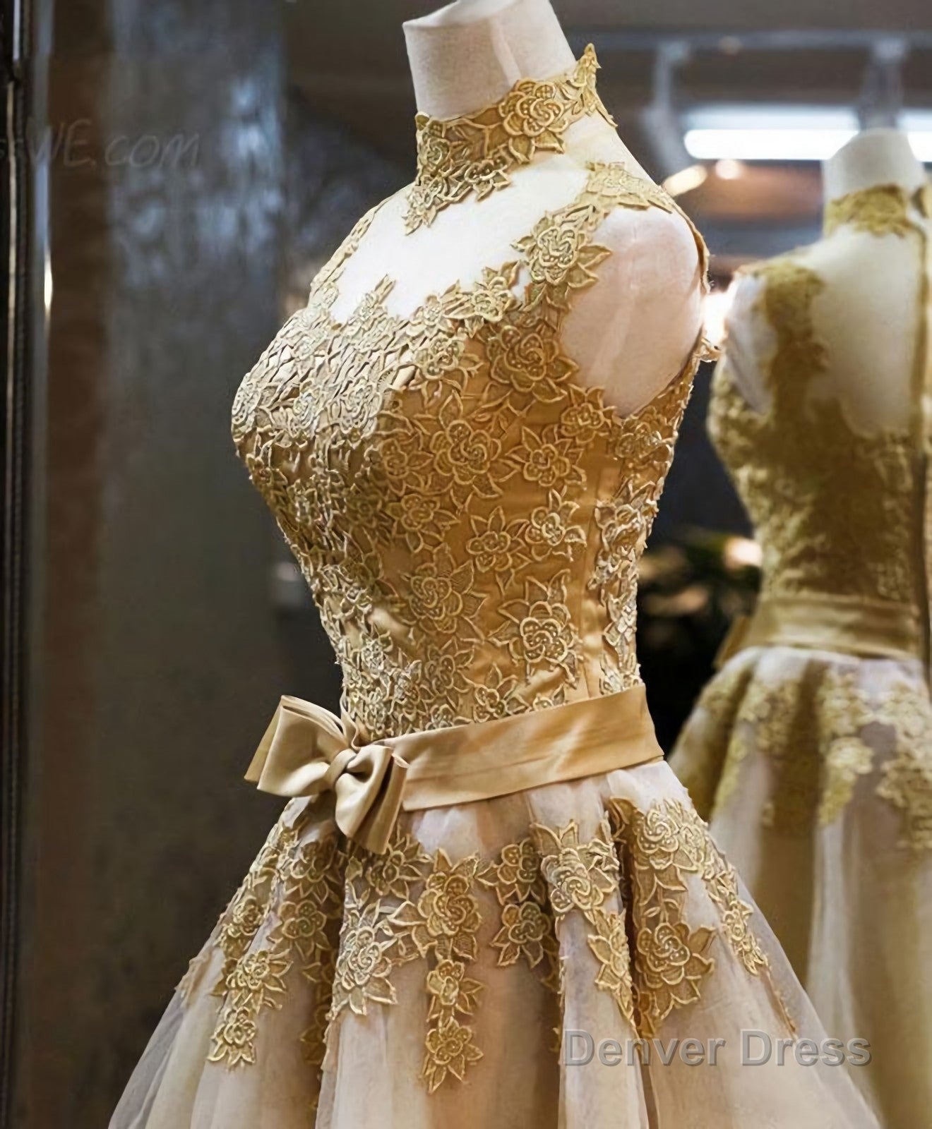 Gold Lace High Neck Short Prom Dress, Homecoming Dress – Denver Dress