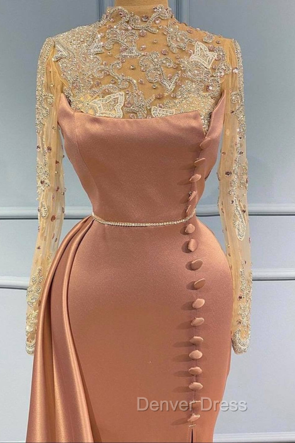Goegeous Long Sleeves Mermaid Prom Dresses Lace High Neck With Buttons