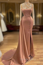 Goegeous Long Sleeves Mermaid Prom Dresses Lace High Neck With Buttons