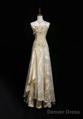 Gold A-Line Spaghetti Strap Satin Lace Long Prom Dress With Beaded Appliques