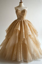 Gold A Line Sweetheart Tulle Sequin Long Ball Gowns, Elegant Prom Dresses
