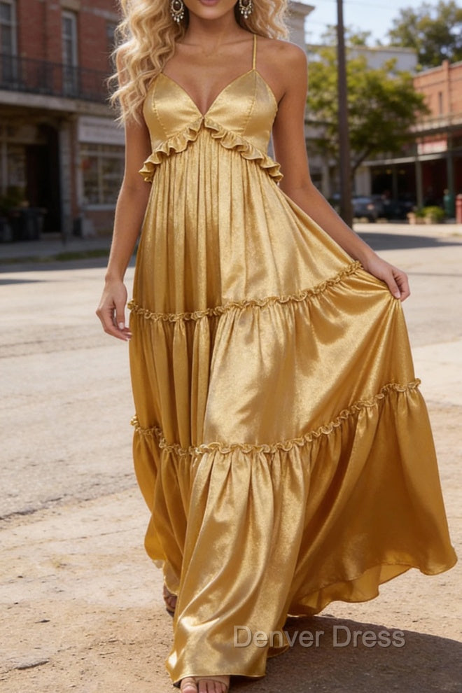 Gold A-line V Neck Sleeveless Floor-Length Prom Dress Long Prom Dresses Backless with Pleated Ruffles