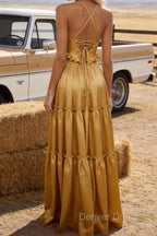 Gold A-line V Neck Sleeveless Floor-Length Prom Dress Long Prom Dresses Backless with Pleated Ruffles