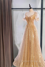 Gold Aline Tulle V Neck Long Prom Dresses, Gold Formal Dresses