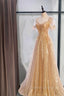 Gold Aline Tulle V Neck Long Prom Dresses, Gold Formal Dresses