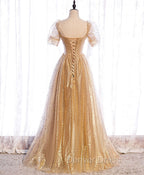 Gold Aline Tulle V Neck Long Prom Dresses, Gold Formal Dresses