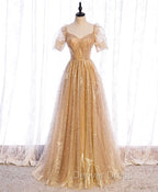 Gold Aline Tulle V Neck Long Prom Dresses, Gold Formal Dresses