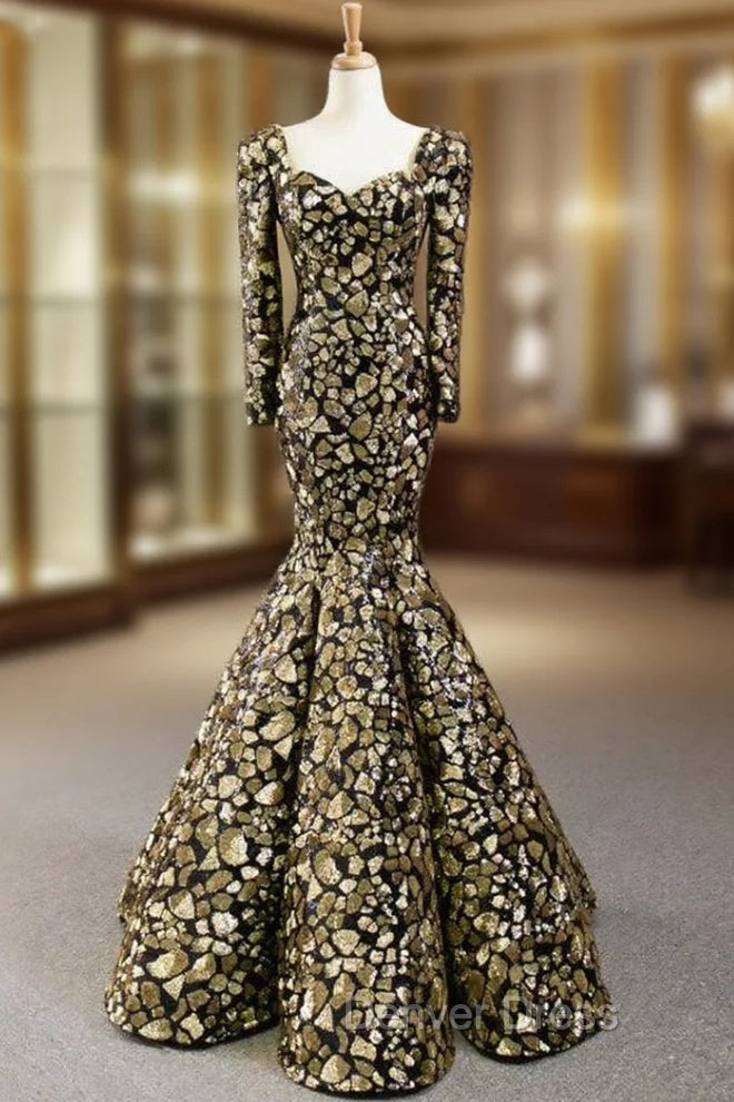 Gold And Black Sequins Mermaid Long Sleeve Square Prom Dresses