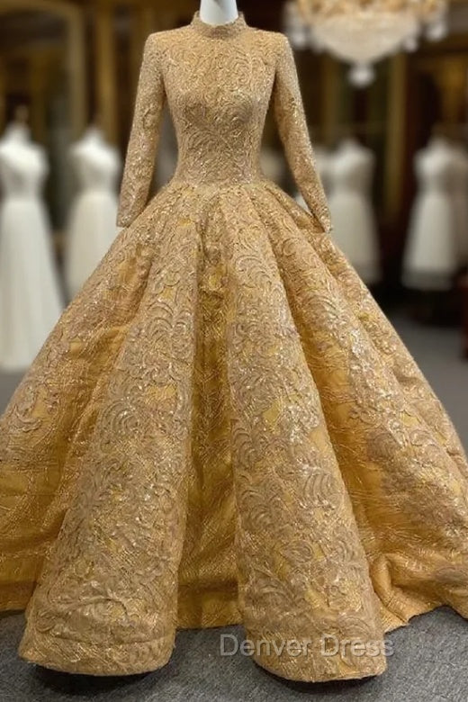 Gold Appliques Sequins High Neck Long Sleeve Prom Dresses
