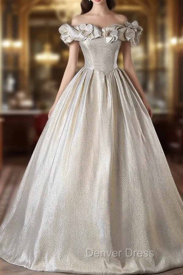 Gold Ball Gowns Off the Shoulder 3D Flower Quinceanera Dresses