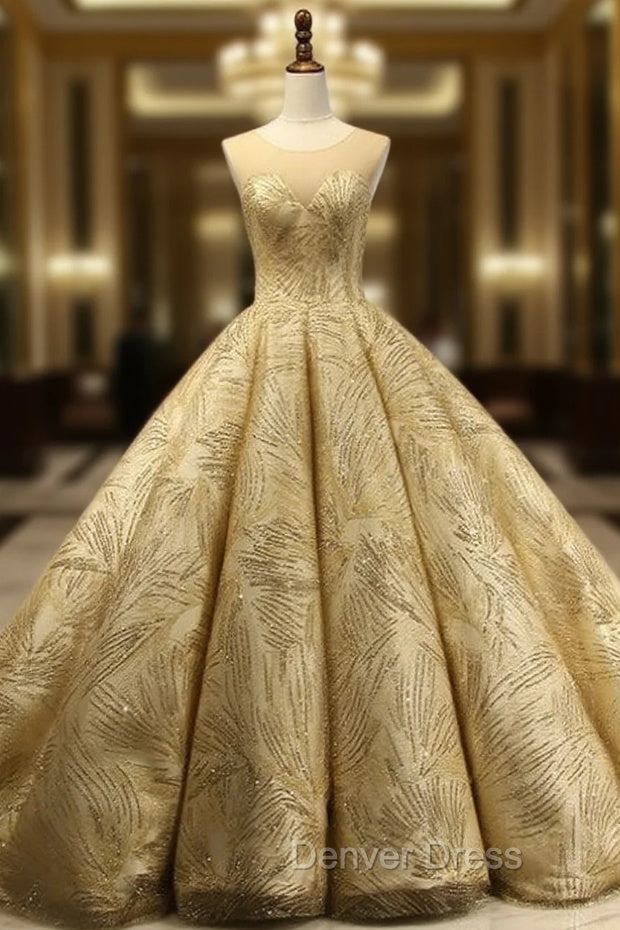 Gold Ball Gown Scoop Neck Sequins Backless Haute Couture Wedding Dresses Main image